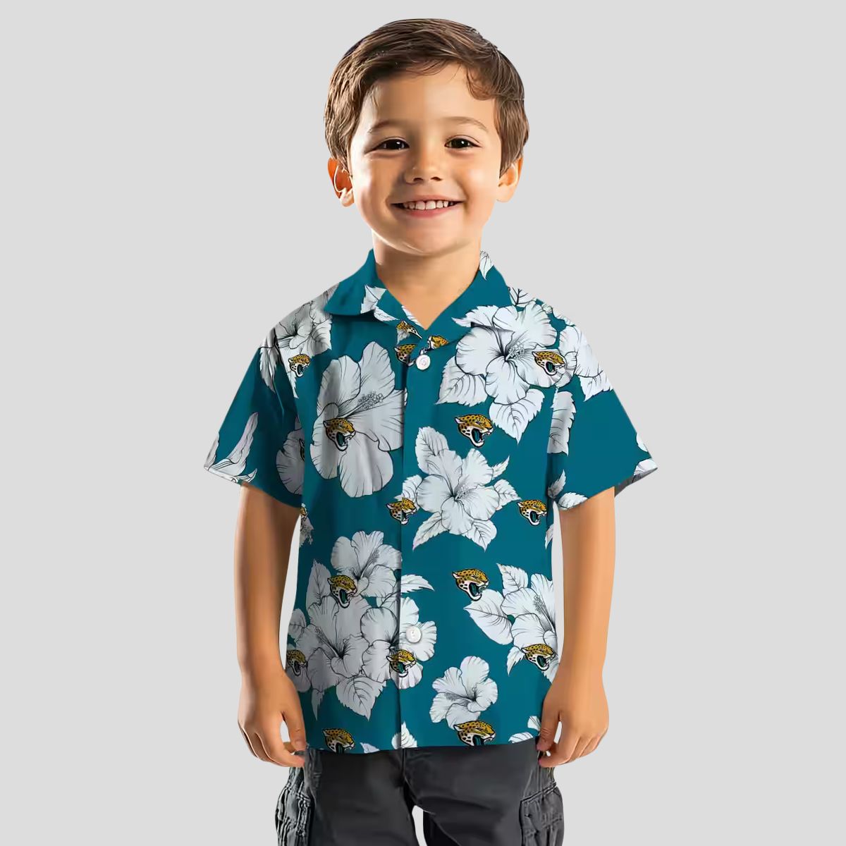 NFL Jacksonville Jaguars Button Up Hawaiian Shirt - Hibiscus Bloom Teal White Design