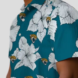 NFL Jacksonville Jaguars Button Up Hawaiian Shirt - Hibiscus Bloom Teal White Design
