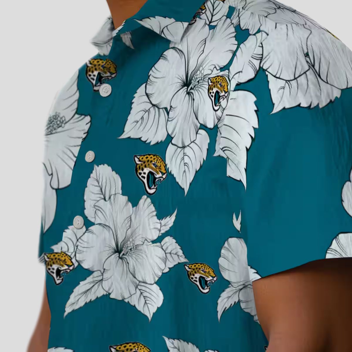 NFL Jacksonville Jaguars Button Up Hawaiian Shirt - Hibiscus Bloom Teal White Design