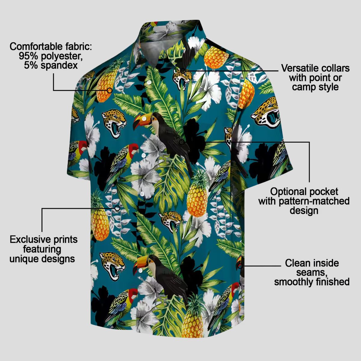NFL Jaguars Custom Team Hawaiian Shirt – Teal Green Tropical Toucan Game Day Outfit
