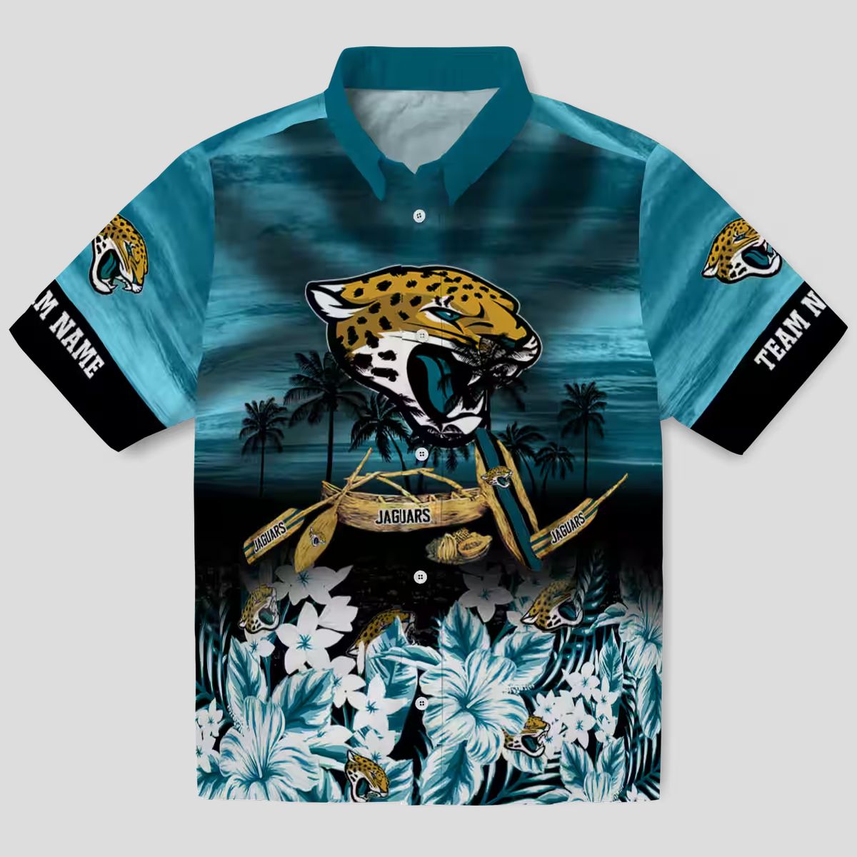 Personalized Jacksonville Jaguars Aloha Shirt, Tropical Canoe Teal Hawaiian Shirt