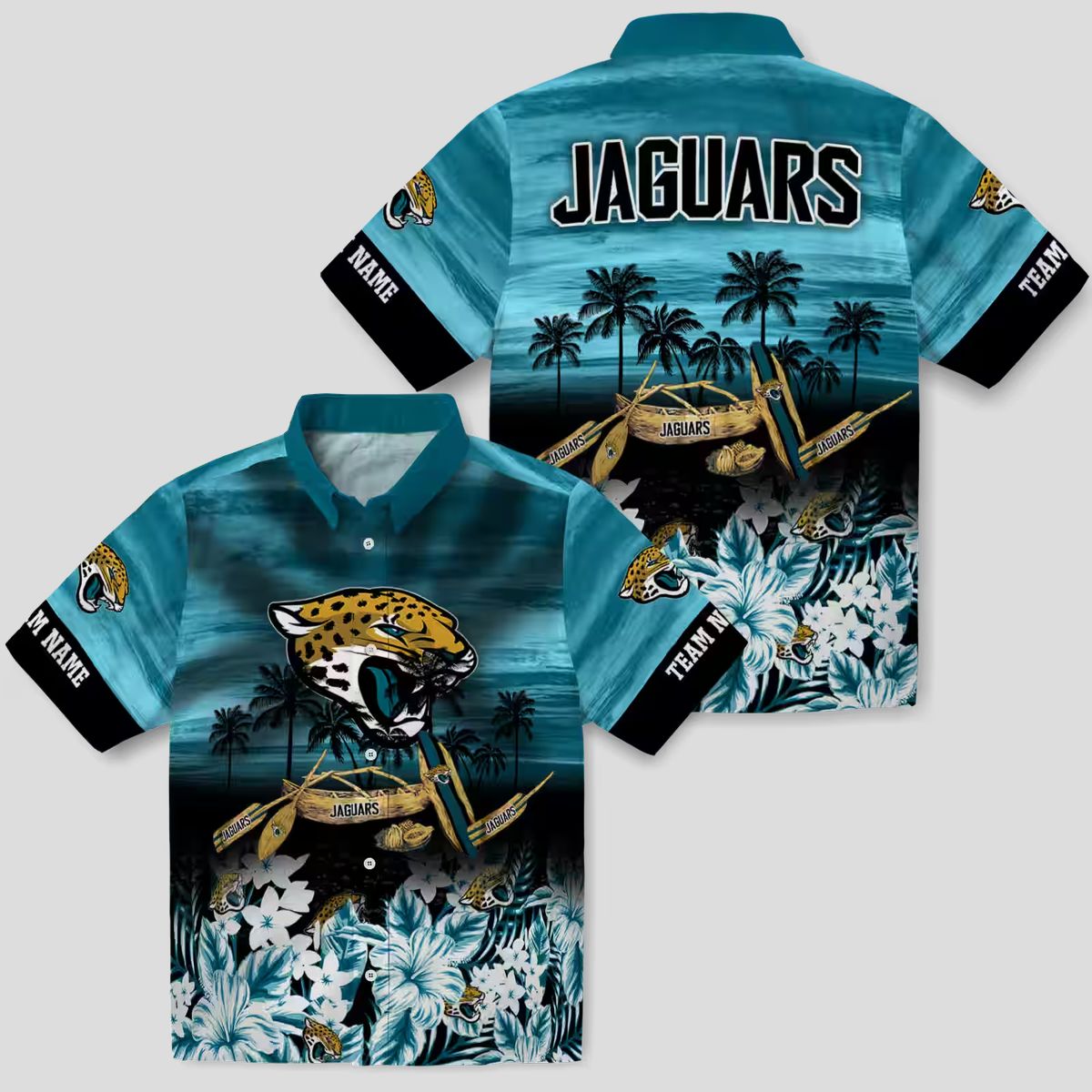 Personalized Jacksonville Jaguars Aloha Shirt, Tropical Canoe Teal Hawaiian Shirt