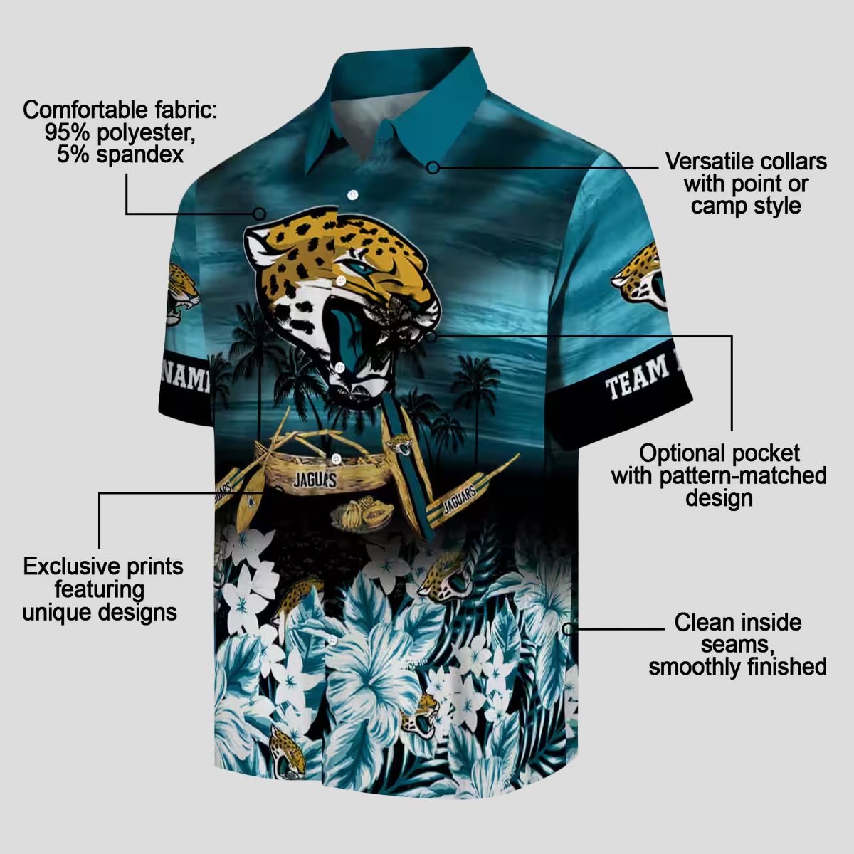 Personalized Jacksonville Jaguars Aloha Shirt, Tropical Canoe Teal Hawaiian Shirt