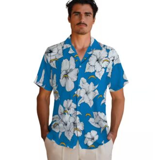 Blue & White Los Angeles Chargers Hawaiian Shirt, Hibiscus Bloom Tropical Aloha Design
