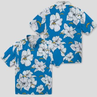Blue & White Los Angeles Chargers Hawaiian Shirt, Hibiscus Bloom Tropical Aloha Design