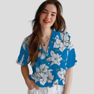 Blue & White Los Angeles Chargers Hawaiian Shirt, Hibiscus Bloom Tropical Aloha Design