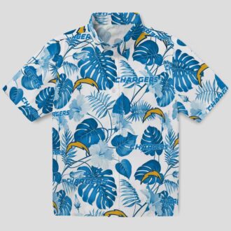 Blue & White Los Angeles Chargers Hawaiian Shirt, Tropical Plants Aloha Button Up