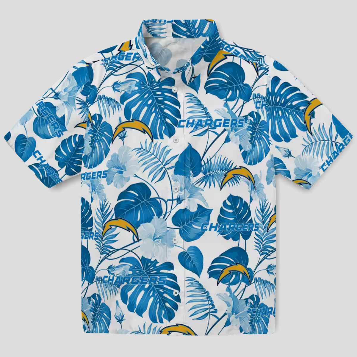 Blue & White Los Angeles Chargers Hawaiian Shirt, Tropical Plants Aloha Button Up