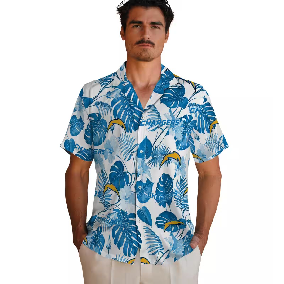 Blue & White Los Angeles Chargers Hawaiian Shirt, Tropical Plants Aloha Button Up