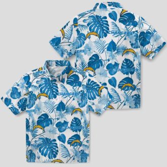Blue & White Los Angeles Chargers Hawaiian Shirt, Tropical Plants Aloha Button Up