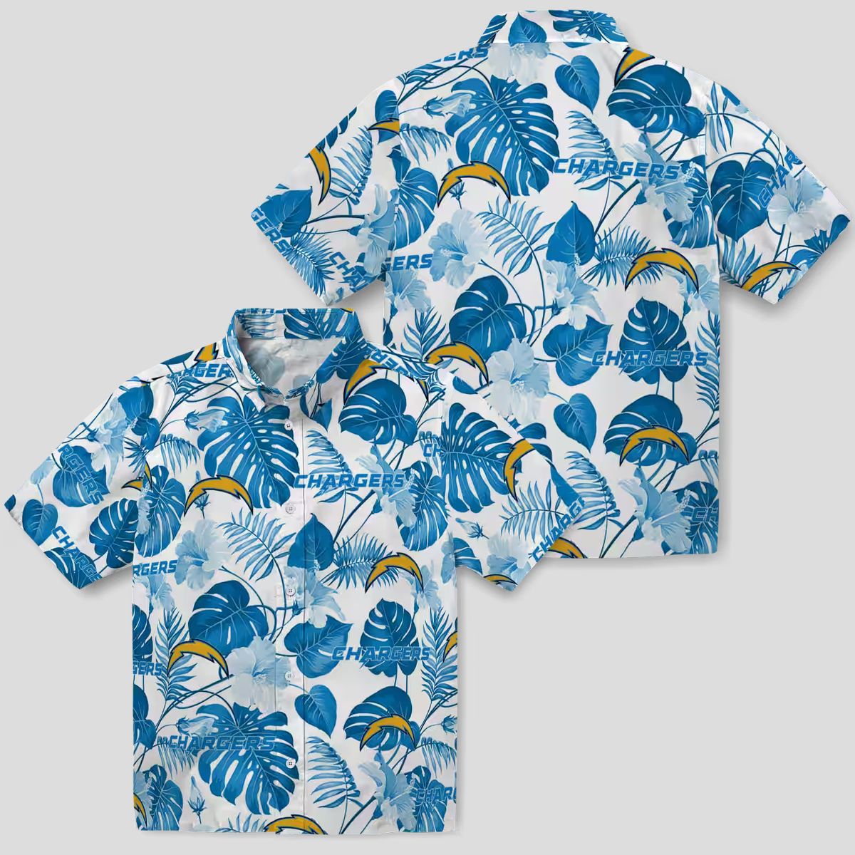 Blue & White Los Angeles Chargers Hawaiian Shirt, Tropical Plants Aloha Button Up