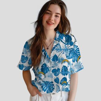Blue & White Los Angeles Chargers Hawaiian Shirt, Tropical Plants Aloha Button Up