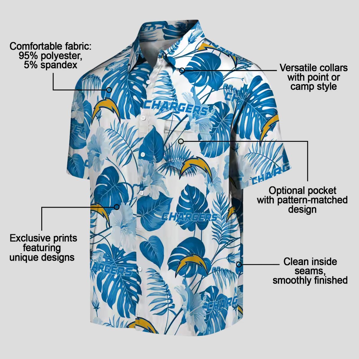 Blue & White Los Angeles Chargers Hawaiian Shirt, Tropical Plants Aloha Button Up