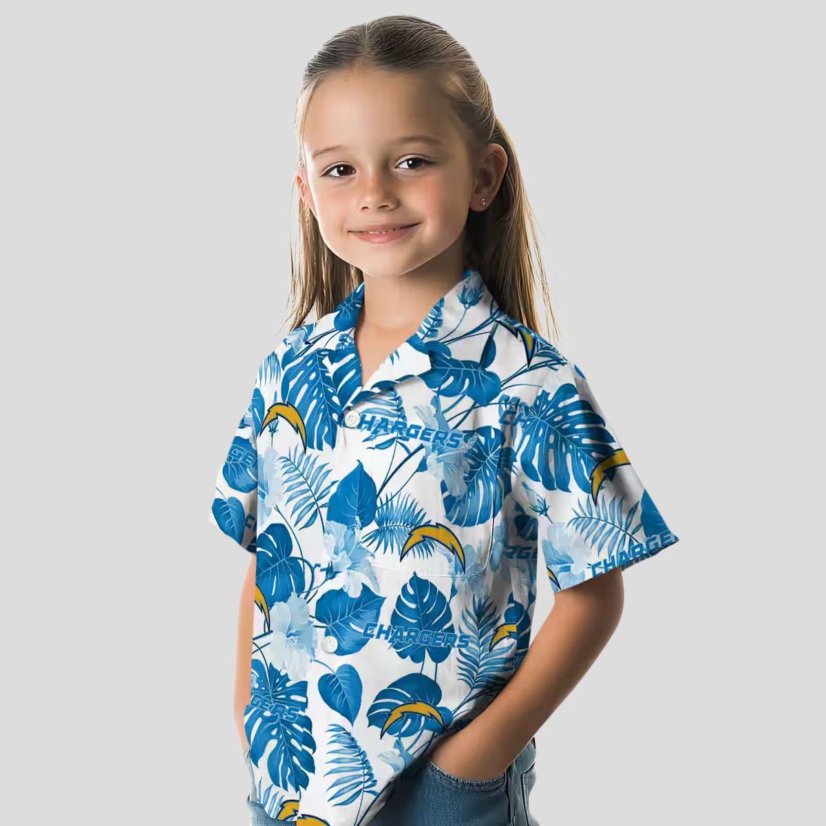 Blue & White Los Angeles Chargers Hawaiian Shirt, Tropical Plants Aloha Button Up