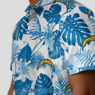 Blue & White Los Angeles Chargers Hawaiian Shirt, Tropical Plants Aloha Button Up