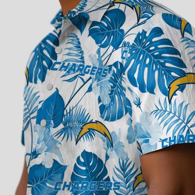 Blue & White Los Angeles Chargers Hawaiian Shirt, Tropical Plants Aloha Button Up
