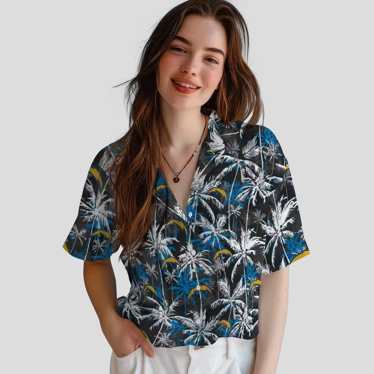 Blue Black Los Angeles Chargers Palm Pattern Hawaiian Shirt for Beach & Summer