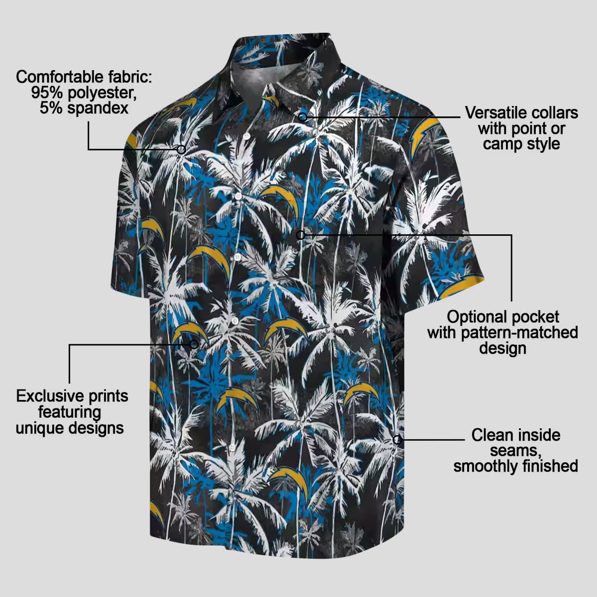 Blue Black Los Angeles Chargers Palm Pattern Hawaiian Shirt for Beach & Summer