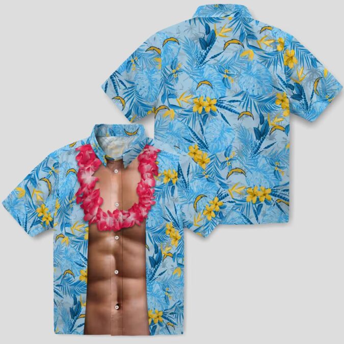 Blue Los Angeles Chargers Hawaiian Shirt, Tropical Chest Illusion Button Up Shirt