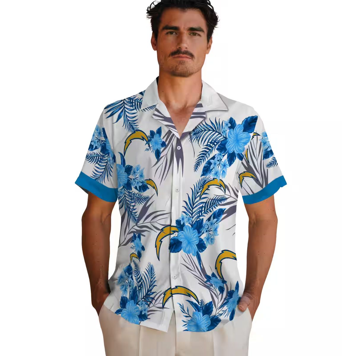 Blue White Patriotic Los Angeles Chargers Hawaiian Shirt - Tropical Hibiscus Floral Theme