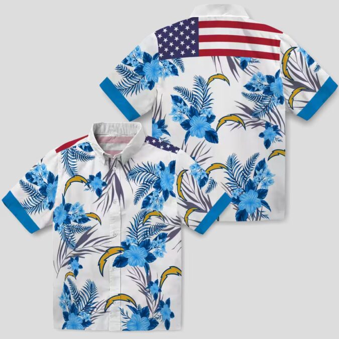 Blue White Patriotic Los Angeles Chargers Hawaiian Shirt - Tropical Hibiscus Floral Theme
