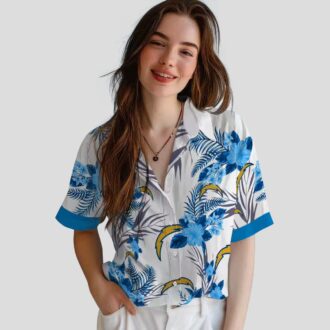 Blue White Patriotic Los Angeles Chargers Hawaiian Shirt - Tropical Hibiscus Floral Theme