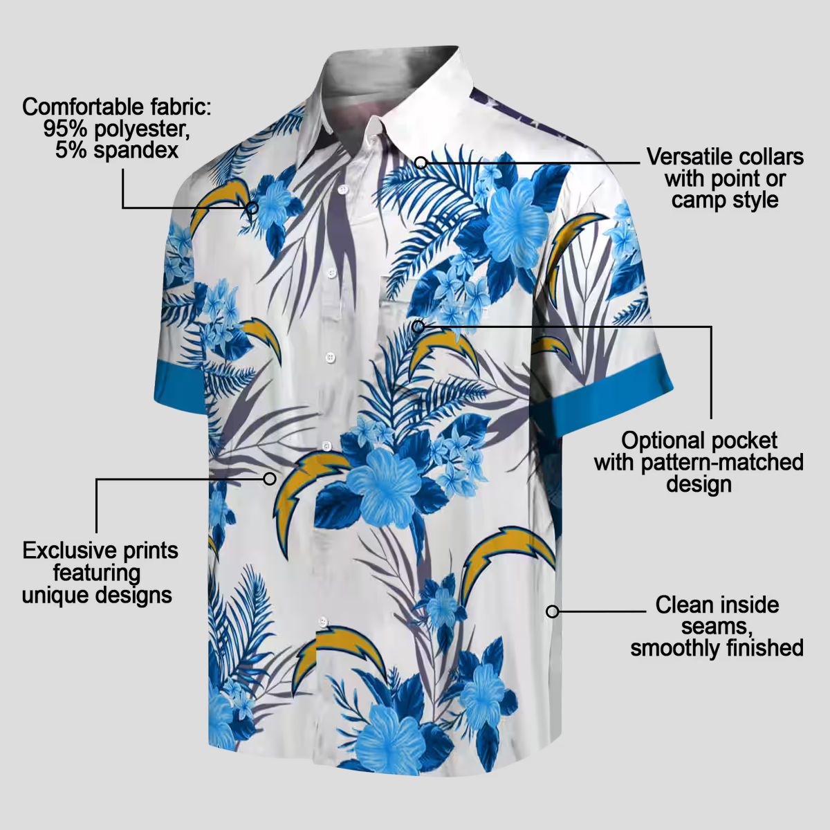 Blue White Patriotic Los Angeles Chargers Hawaiian Shirt - Tropical Hibiscus Floral Theme