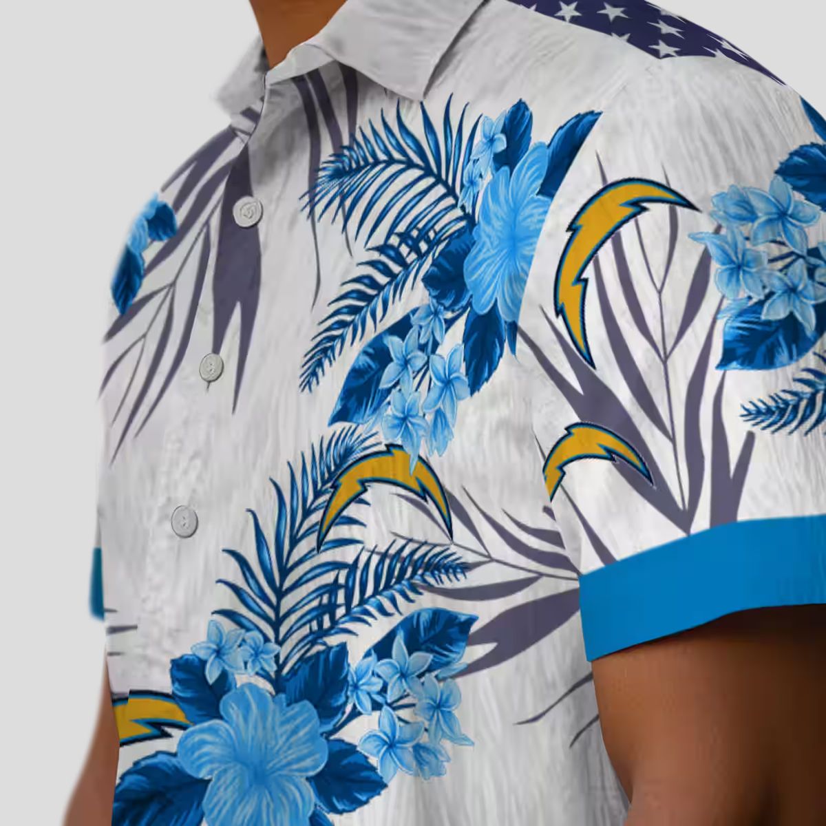 Blue White Patriotic Los Angeles Chargers Hawaiian Shirt - Tropical Hibiscus Floral Theme
