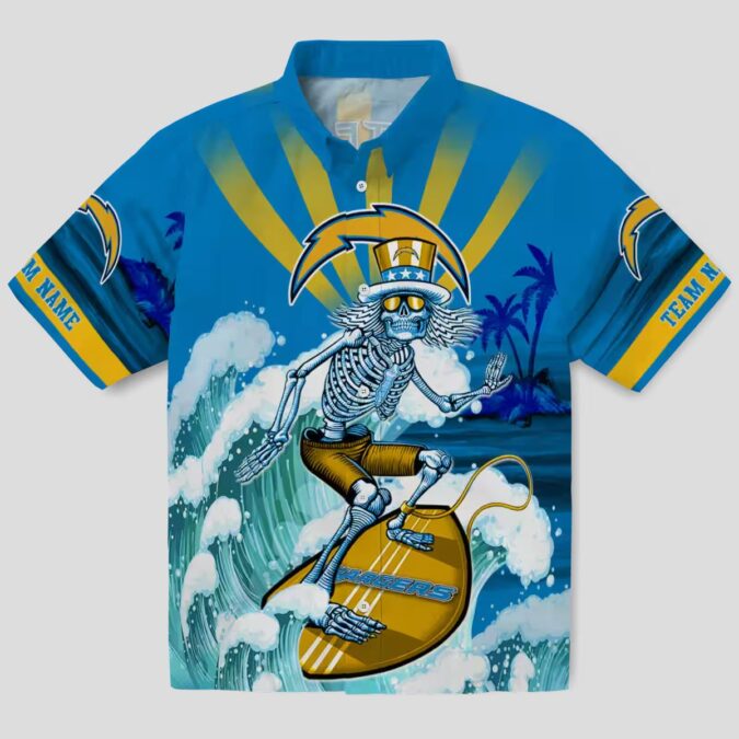 Custom Los Angeles Chargers Hawaiian Shirt, Surfing Skeleton Design for NFL Fans