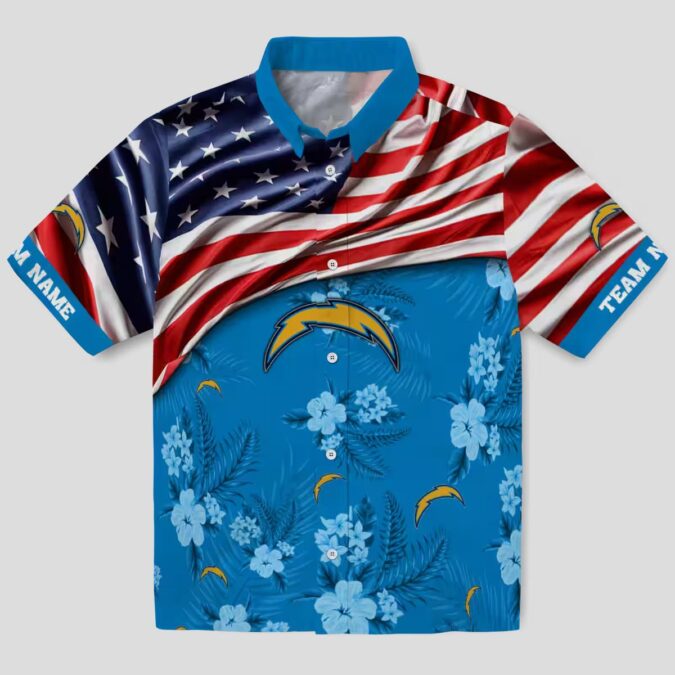 Custom Los Angeles Chargers US Flag Hawaiian Shirt, Hibiscus Floral Blue NFL Shirt