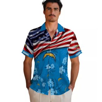 Custom Los Angeles Chargers US Flag Hawaiian Shirt, Hibiscus Floral Blue NFL Shirt