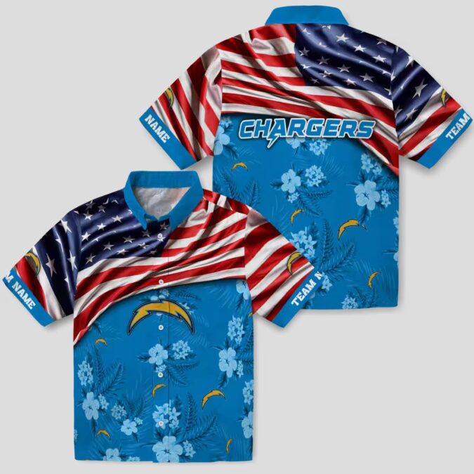Custom Los Angeles Chargers US Flag Hawaiian Shirt, Hibiscus Floral Blue NFL Shirt