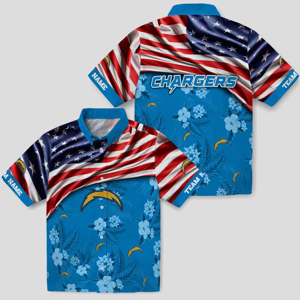 Custom Los Angeles Chargers US Flag Hawaiian Shirt, Hibiscus Floral Blue NFL Shirt