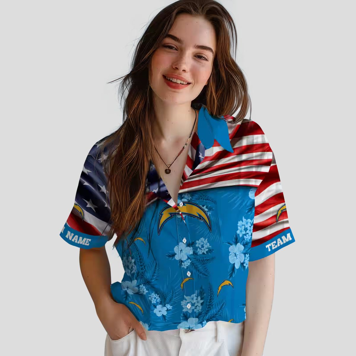 Custom Los Angeles Chargers US Flag Hawaiian Shirt, Hibiscus Floral Blue NFL Shirt