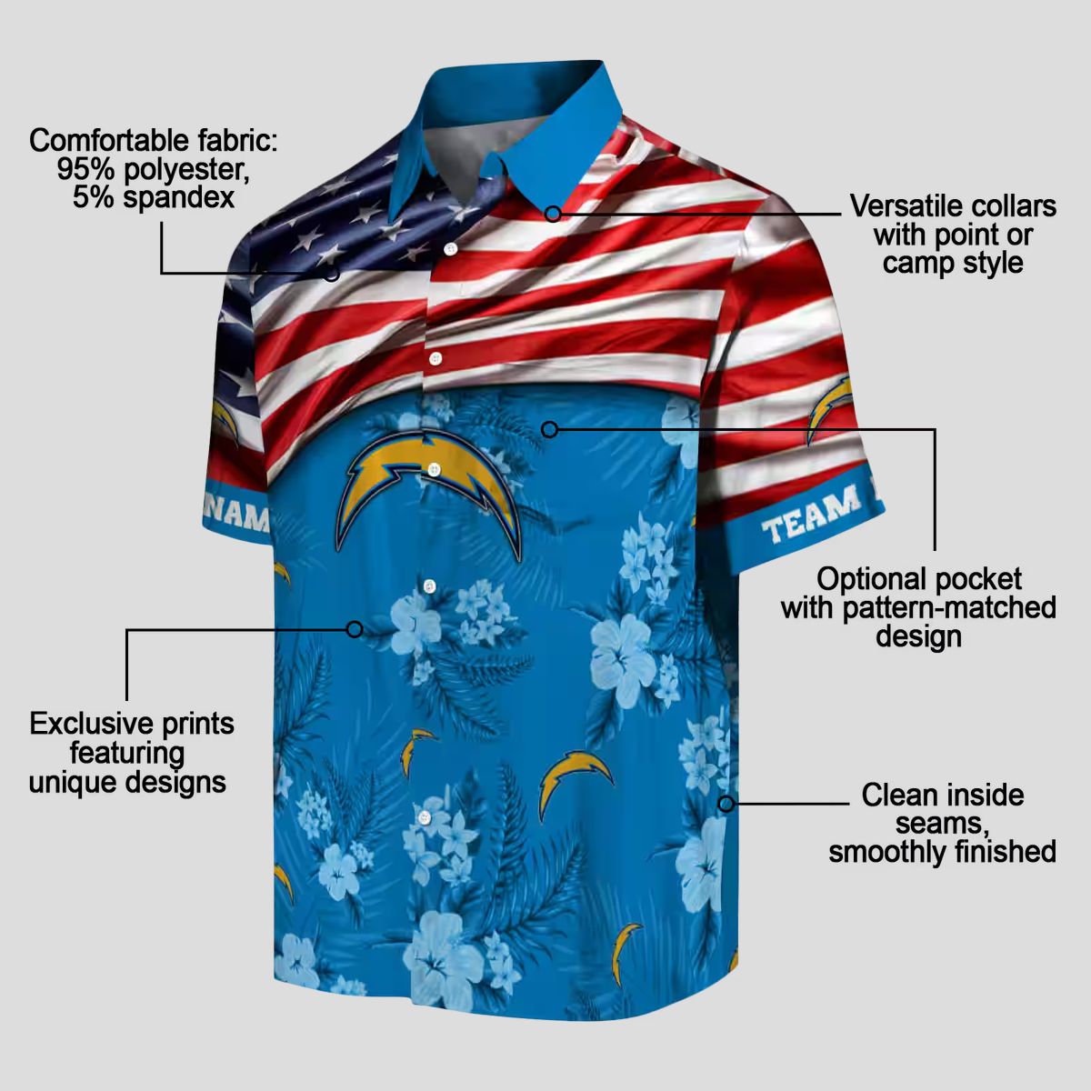 Custom Los Angeles Chargers US Flag Hawaiian Shirt, Hibiscus Floral Blue NFL Shirt