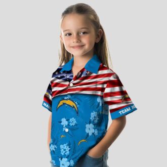 Custom Los Angeles Chargers US Flag Hawaiian Shirt, Hibiscus Floral Blue NFL Shirt