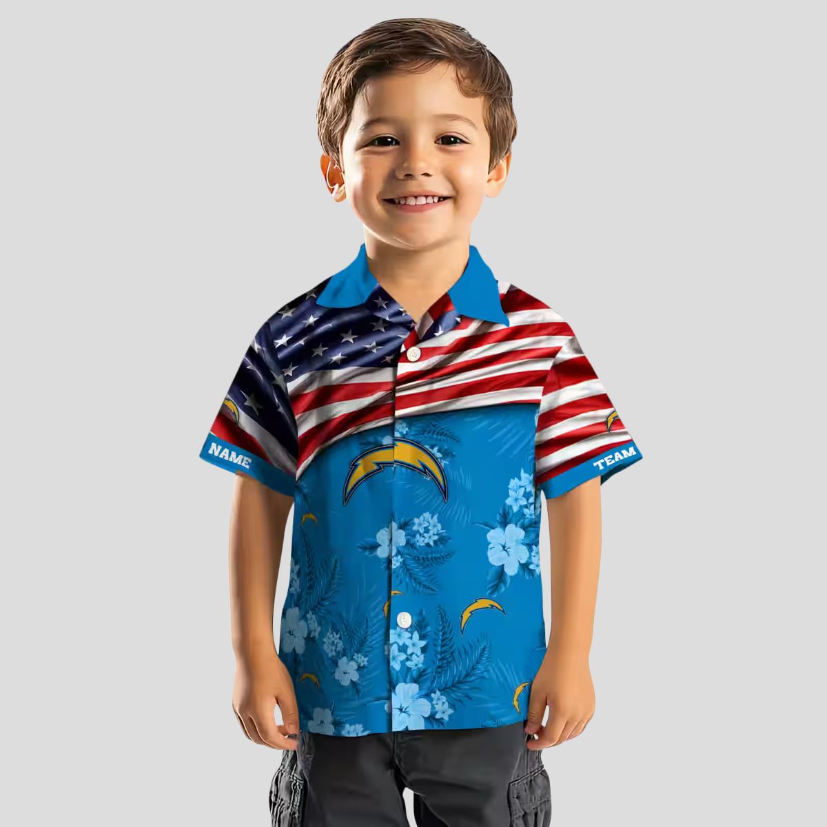 Custom Los Angeles Chargers US Flag Hawaiian Shirt, Hibiscus Floral Blue NFL Shirt