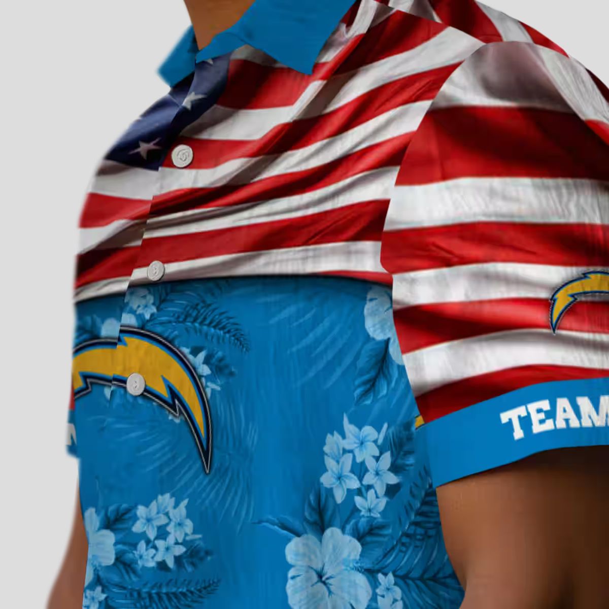 Custom Los Angeles Chargers US Flag Hawaiian Shirt, Hibiscus Floral Blue NFL Shirt