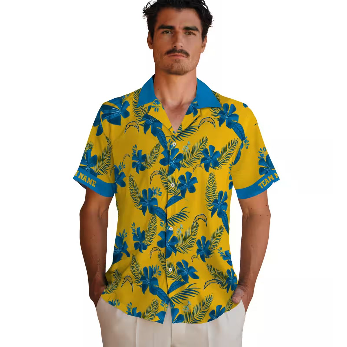 Gold Los Angeles Chargers Hawaiian Shirt, Personalized Botanical Floral Print