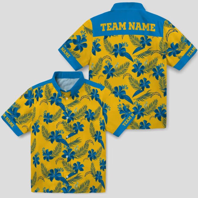Gold Los Angeles Chargers Hawaiian Shirt, Personalized Botanical Floral Print