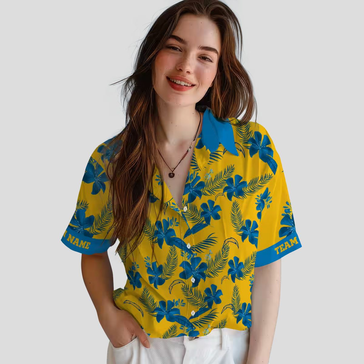 Gold Los Angeles Chargers Hawaiian Shirt, Personalized Botanical Floral Print