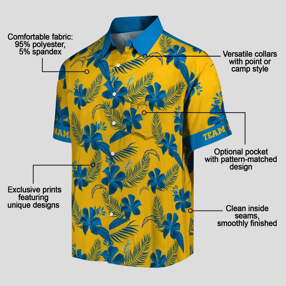 Gold Los Angeles Chargers Hawaiian Shirt, Personalized Botanical Floral Print