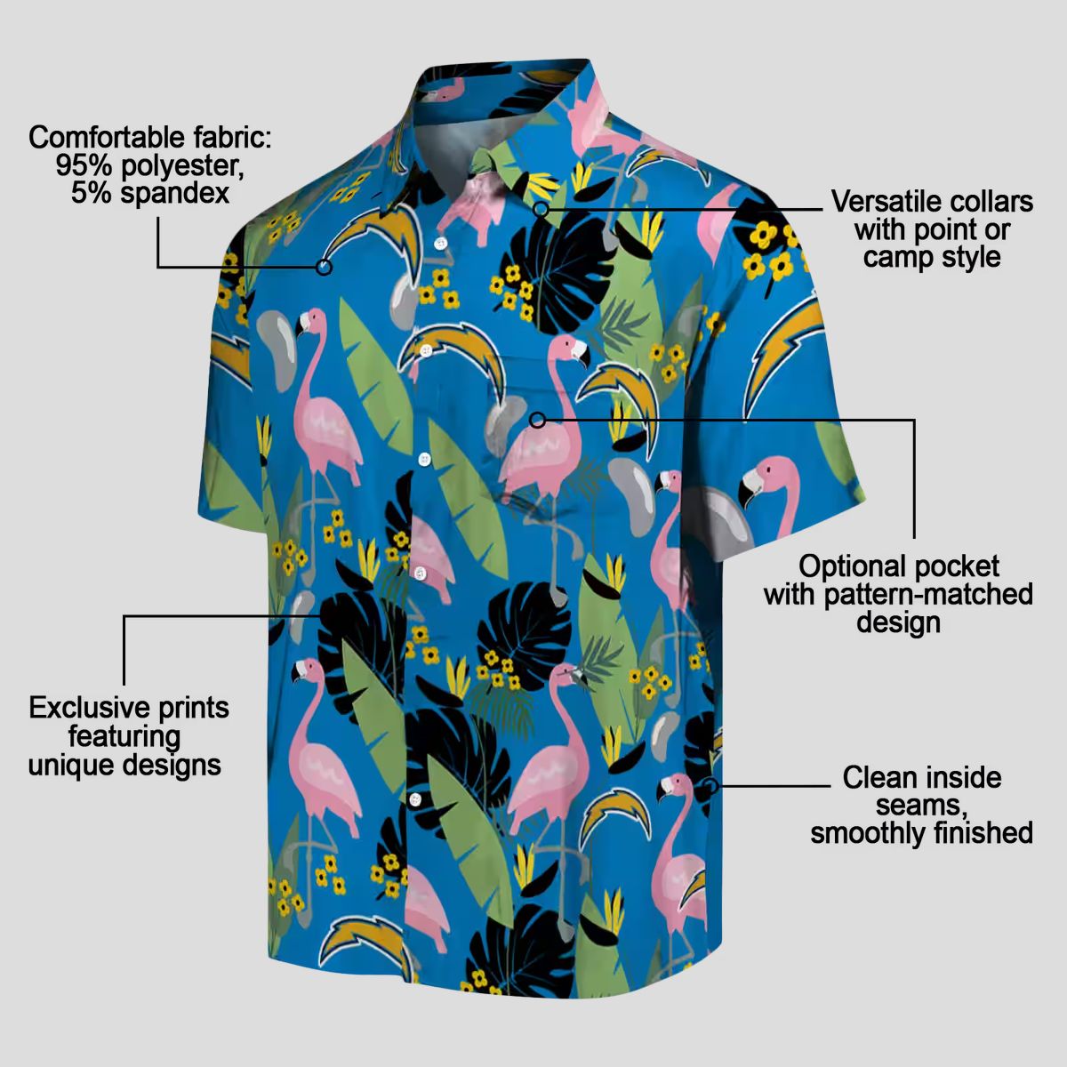 Los Angeles Chargers Beach Shirt, Blue Green Flamingo Hawaiian Shirt for Summer