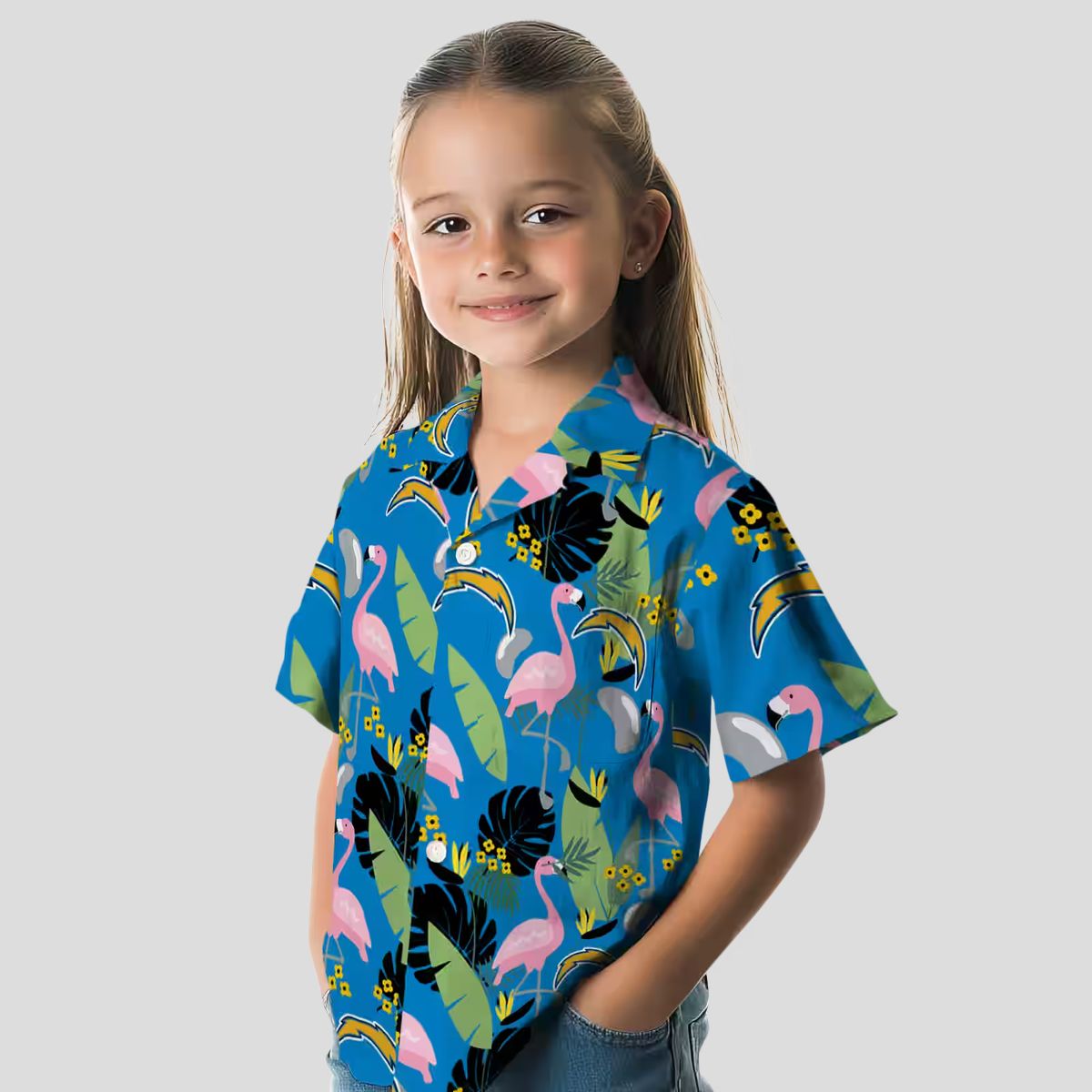 Los Angeles Chargers Beach Shirt, Blue Green Flamingo Hawaiian Shirt for Summer