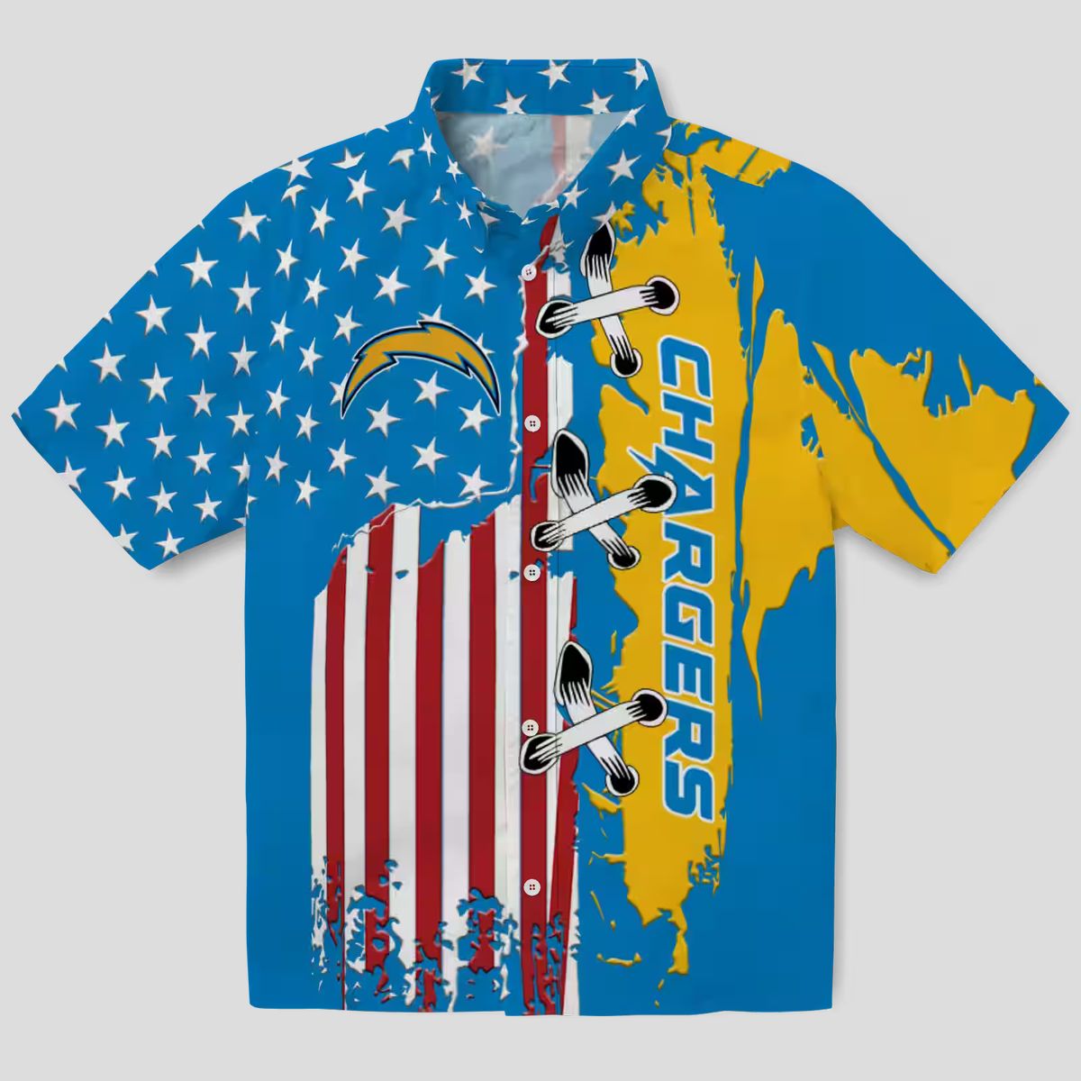 Los Angeles Chargers Blue Hawaiian Shirt, Stitched Flag NFL Aloha Floral Button Up Shirt