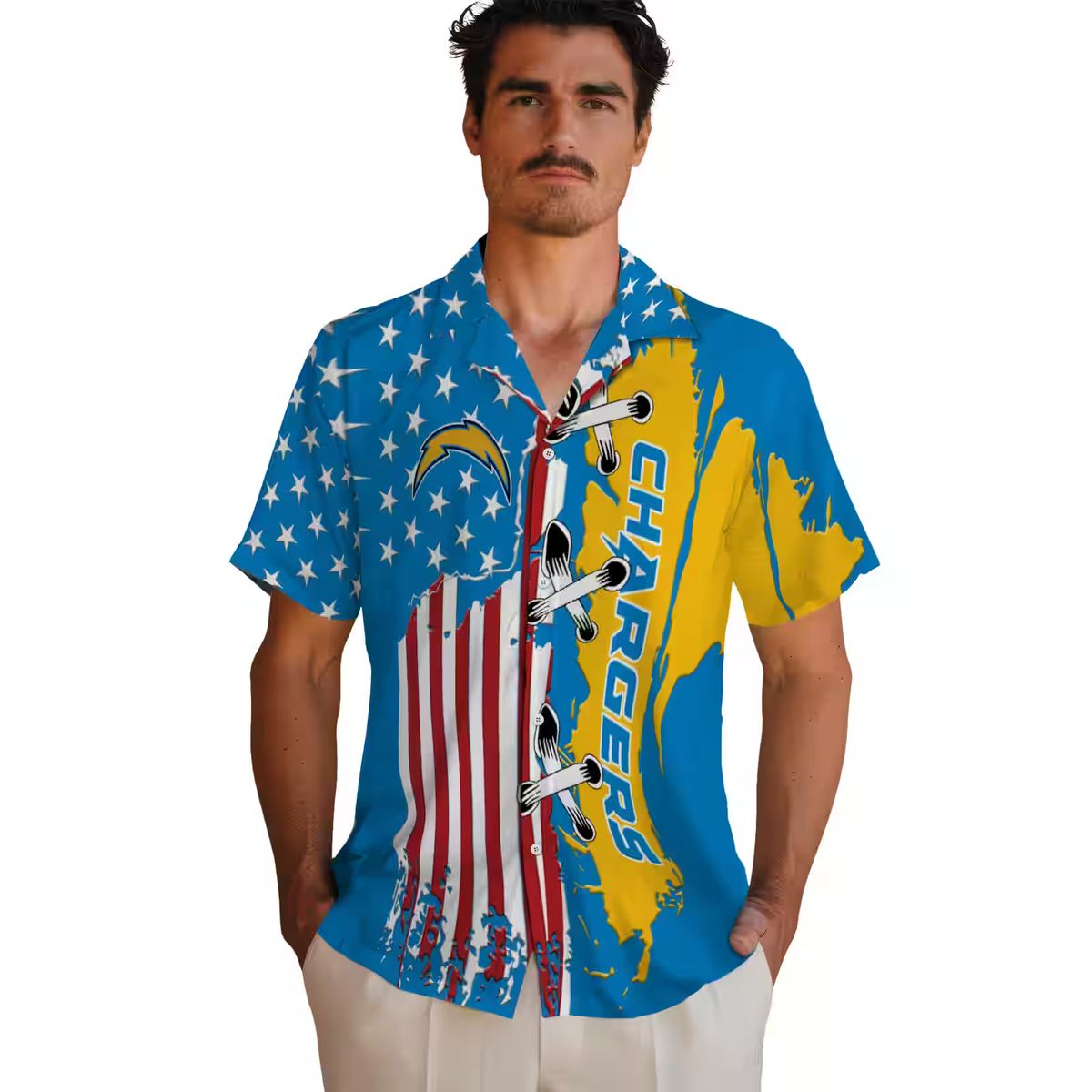 Los Angeles Chargers Blue Hawaiian Shirt, Stitched Flag NFL Aloha Floral Button Up Shirt