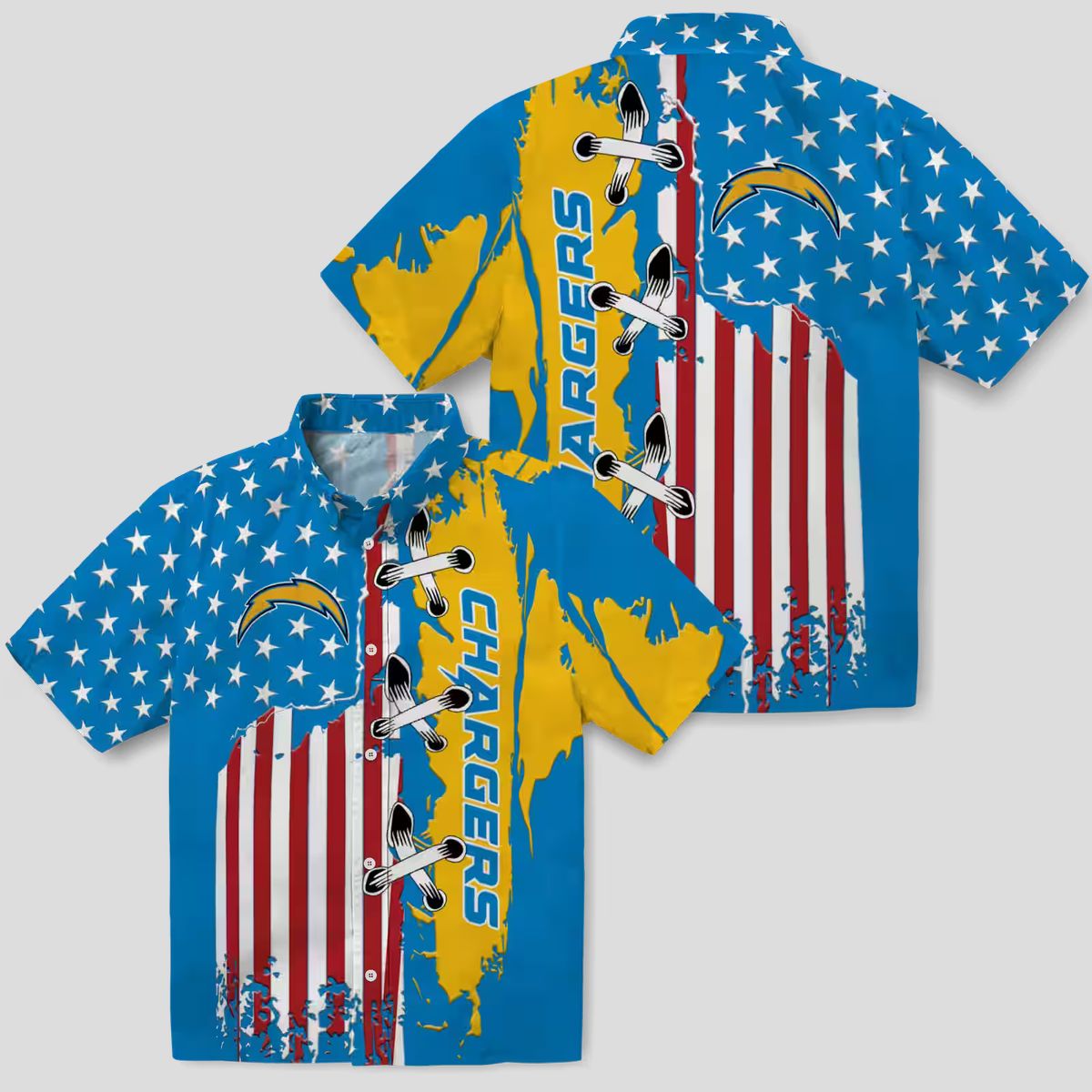 Los Angeles Chargers Blue Hawaiian Shirt, Stitched Flag NFL Aloha Floral Button Up Shirt