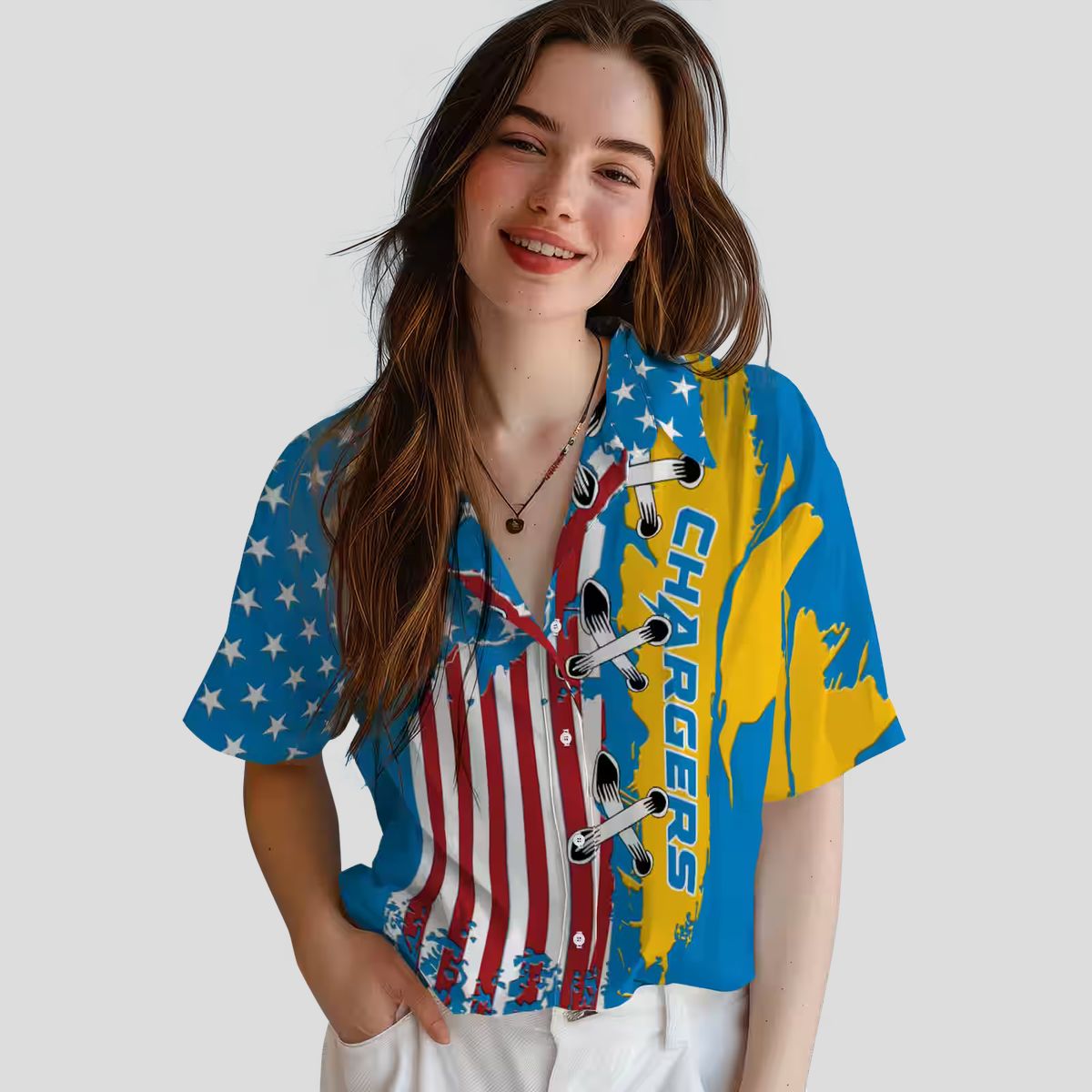 Los Angeles Chargers Blue Hawaiian Shirt, Stitched Flag NFL Aloha Floral Button Up Shirt