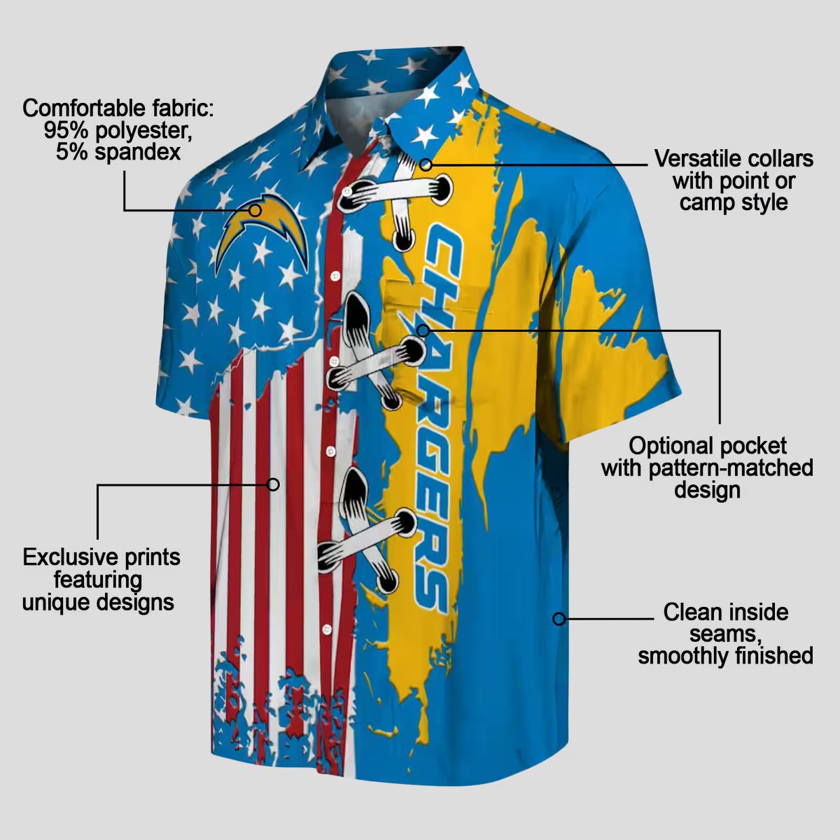 Los Angeles Chargers Blue Hawaiian Shirt, Stitched Flag NFL Aloha Floral Button Up Shirt