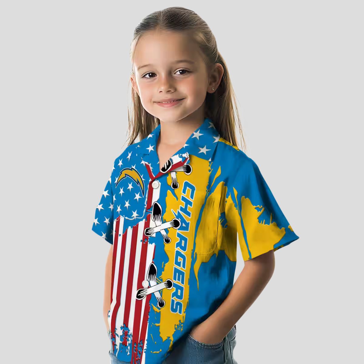 Los Angeles Chargers Blue Hawaiian Shirt, Stitched Flag NFL Aloha Floral Button Up Shirt